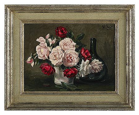 Lode Sebregts : 'Still Life of Roses and a Bottle'