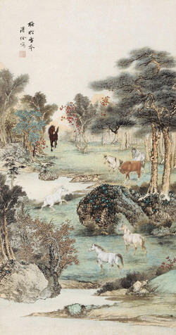 Quan Pu : Eight Horses hanging scroll