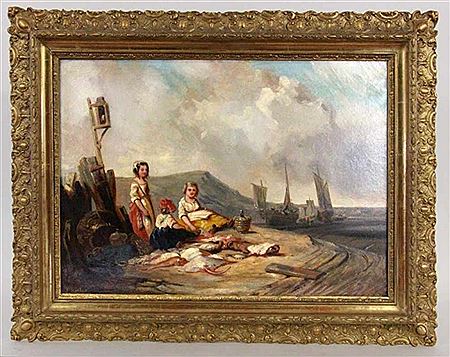 J Desbois : Three fisherman's children with fresh fish on the shore. In the background a fishing boat