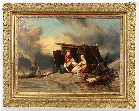 J Desbois : Three fishing children. In the background a fishing boat