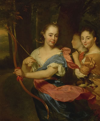 Godfried van Schalcken : PORTRAIT OF A YOUNG LADY AS DIANA ATTENDED BY HER NYMPHS, IN A WOODED SETTING WITH DOG AT LOWER RIGHT