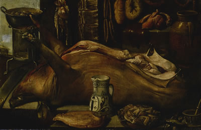 Francisco Barrera : ALLEGORY OF WINTER WITH SLAUGHTERED PIG, DRIED MEATS, FISH, POULTRY, A MEAT PASTRY, CERAMIC VESSELS, AND A BRAZIER