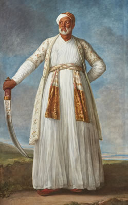 Elisabeth Louise Vigee-Lebrun : PORTRAIT OF MUHAMMAD DERVISH KHAN, FULL-LENGTH, HOLDING HIS SWORD IN A LANDSCAPE