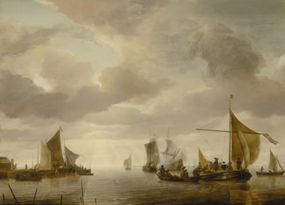 Jan Van de Capelle : A SHIPPING SCENE ON A CALM SEA, WITH A NUMBER OF VESSELS AND FIGURES, AND A JETTY ON THE LEFT