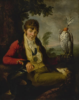 Philip Reinagle : PORTRAIT OF COLONEL THOMAS THORNTON (1757 - 1823), MARQUESS DU PONT, HUNTING WITH HIS GREYHOUND MAJOR AND A HOODED FALCON, A LANDSCAPE BEYOND