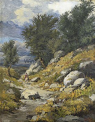 Karl (Carl) Spitz : Südliche Landschaft mit Reiter