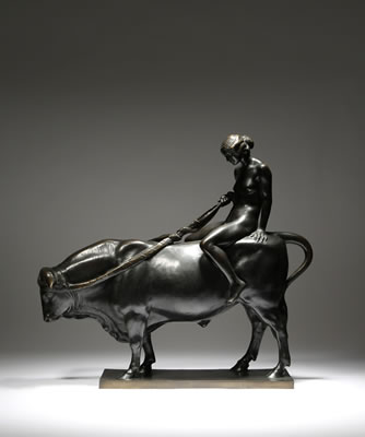 Hermann Haase-Ilsenburg : An Art Deco bronze group of Europa and the bull, depicting a nude female astride the beast holding its reins