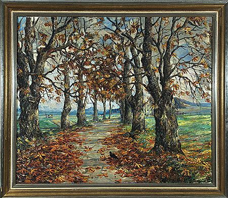 Wilhelm Willy Holtmann : Kastanienallee im Herbst, im Hintergrund Gebirgskette