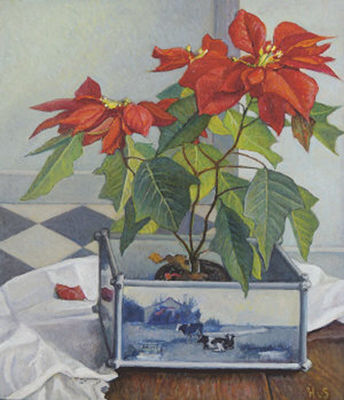 Hilda Van Stockum Marlin : Poinsettia in Delft Cache-Pot