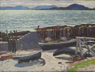 Maurice MacGonigal : Fishermen and Currachs on the Shore