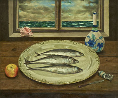 John Ryan : Still Life - Three Mackeral on a Plate