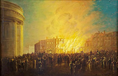 William II Sadler : Fire at the royal Arcade, College Green, Dublin (1837)