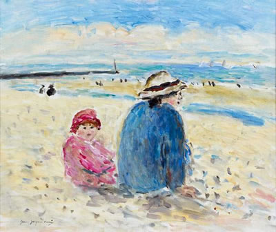 Jean Jacques Rene : Femme et enfant sur la plage