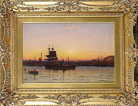 Duncan Fraser McLea : SUNSET OVER THE TYNE WITH A PADDLE TUG AND OTHER SHIPS IN THE FOREGROUND