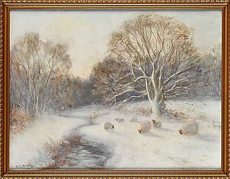 David Thomas Robertson : A WINTER LANDSCAPE WITH SHEEP IN THE SNOW