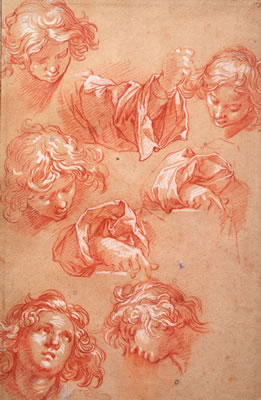 Abraham Bloemaert : Recto : cinq têtes de jeune homme et trois études de bras; Verso : personnage drapé assis portant une mitre