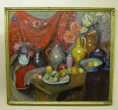 Joseph Sacks : Still life with fruit, vases, and red drape background