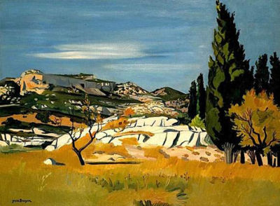 Yves Brayer : LE ROCHER BLANC AU CYPRES, LES BAUX, 1960