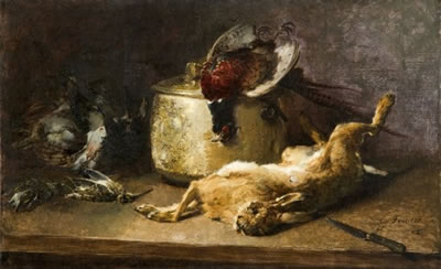 Guillaume Romain Fouace : Nature morte au lièvre, faisan et bécasse