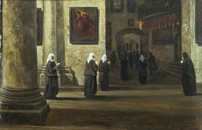 Louis Gustave Cambier : Procession de religieuses au Saint Sépulcre, Jérusalem