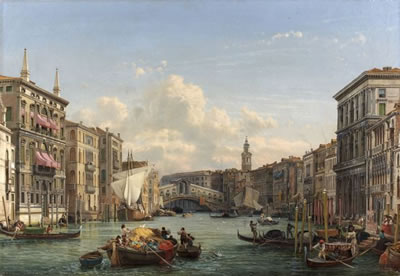 Friedrich Nerly I : Vue animée du Grand Canal vers le pont du Rialto, Venise