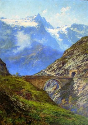 Charles Alexandre Bertier : La Meije et le Pont Maurian à la Grave-Htes Alpes .