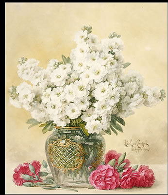 Paul De Longpre : White Tuberoses in a Glass Vase and Red Carnations