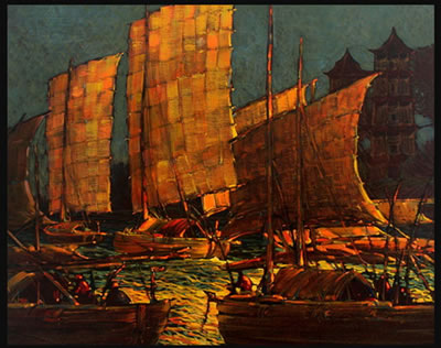 Raymond Nott : Gold Sails at Sunrise, Canton Harbor