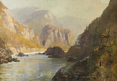 Frederic Marlett Bell-Smith : Train passing through the Fraser Canyon near an Indian fishing place