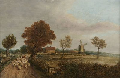 Obadiah Short : Countryside landscape with windmill and sheep