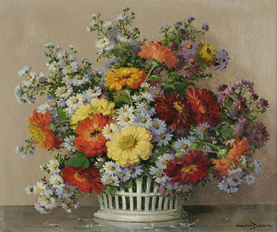 Maurice Decamps : 'Zinnias et Asteres', a flowerpiece