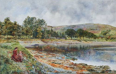 William Davis : Port Bannatyne, Isle of Bute, with mother and child seated by the shore