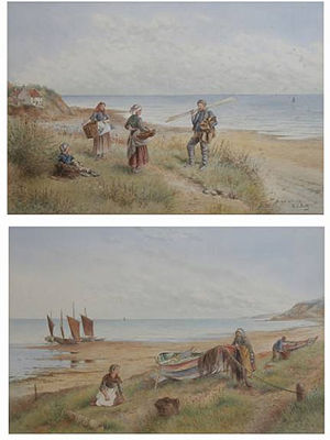 Kate E Booth : 'The path by the cliff' possibly on the Yorkshire coast, together with 'Drying Nets' (a pair)