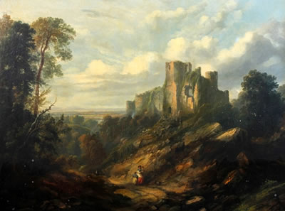 Sidney Edward Paget : Extensive landscape with figures on an upland track before a ruined castle