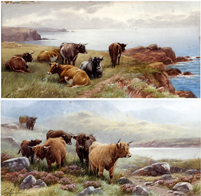 Thomas Rowden : 'Loch Eil, Inverness' - highland cattle by a loch side, and another of cattle before the coast (2)