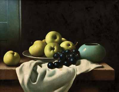 Christopher Cawthorn : Still Life with Apples, Grapes and Blue Vase