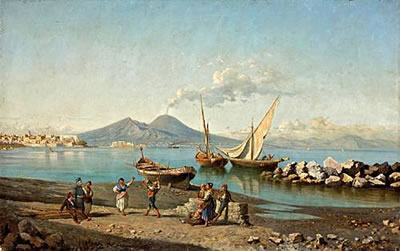 Giuseppe Carelli : A view of the Bay of Naples with figures dancing on the shore