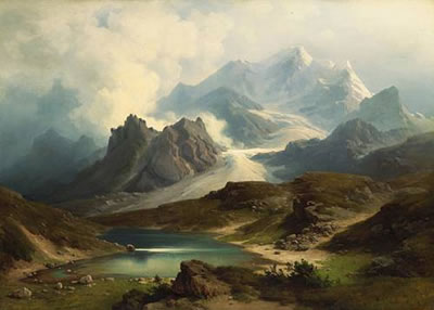 Heinrich Steinike : A mountainous landscape with a glacier