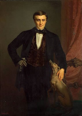 Jean-Mathieu Nisen : A portrait of a gentleman, three-quarter length, with his greyhound