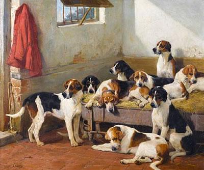 John Sargent Noble : Hounds on a bench in a kennel