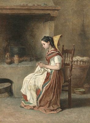 Theodore Valerio : A girl sewing in the kitchen