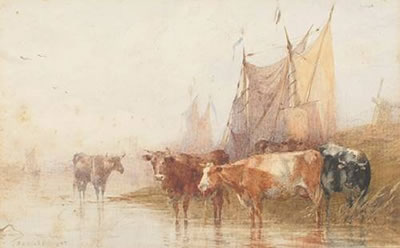 Thomas Francis Wainewright : Sheep in a winter landscape; Cattle watering (2)