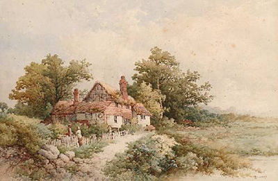 Stephen J Bowers : Figures by a cottage on a summer's day