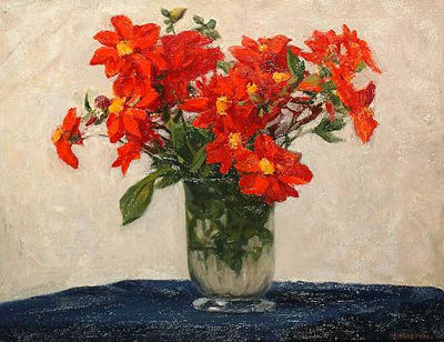 Marjorie Mostyn : Crimson dahlias on a blue ground