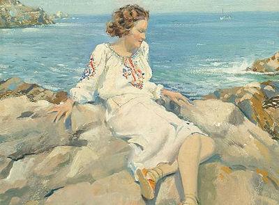 Arthur Royce Bradbury : Woman in a white Dress Seated on the Rocks