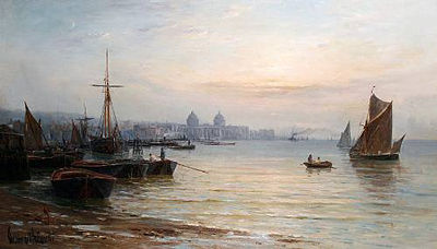 Gustave de Breanski : Boats on the river at Greenwich