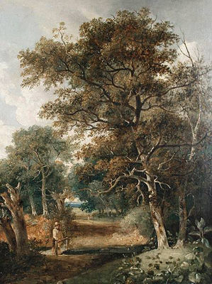 Robert Ladbrooke : Figure on a bridge over a woodland stream