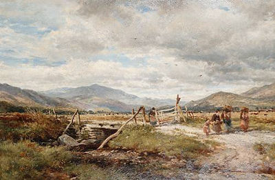 John Syer : Figures on a track with mountains in the distance