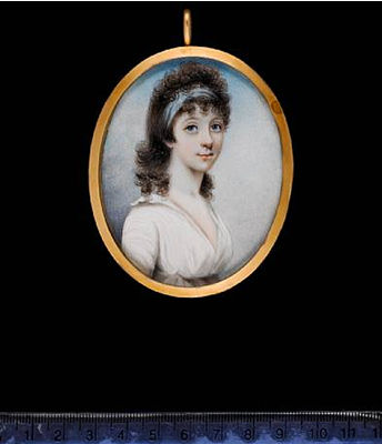 Richard Collins : Clara Paterson, wearing white dress, her brown hair worn long and curling with a blue bandeau