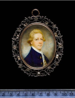 James Nixon : A Gentleman, wearing blue coat with brass buttons over white waistcoat and tied white stock, his fair hair curled